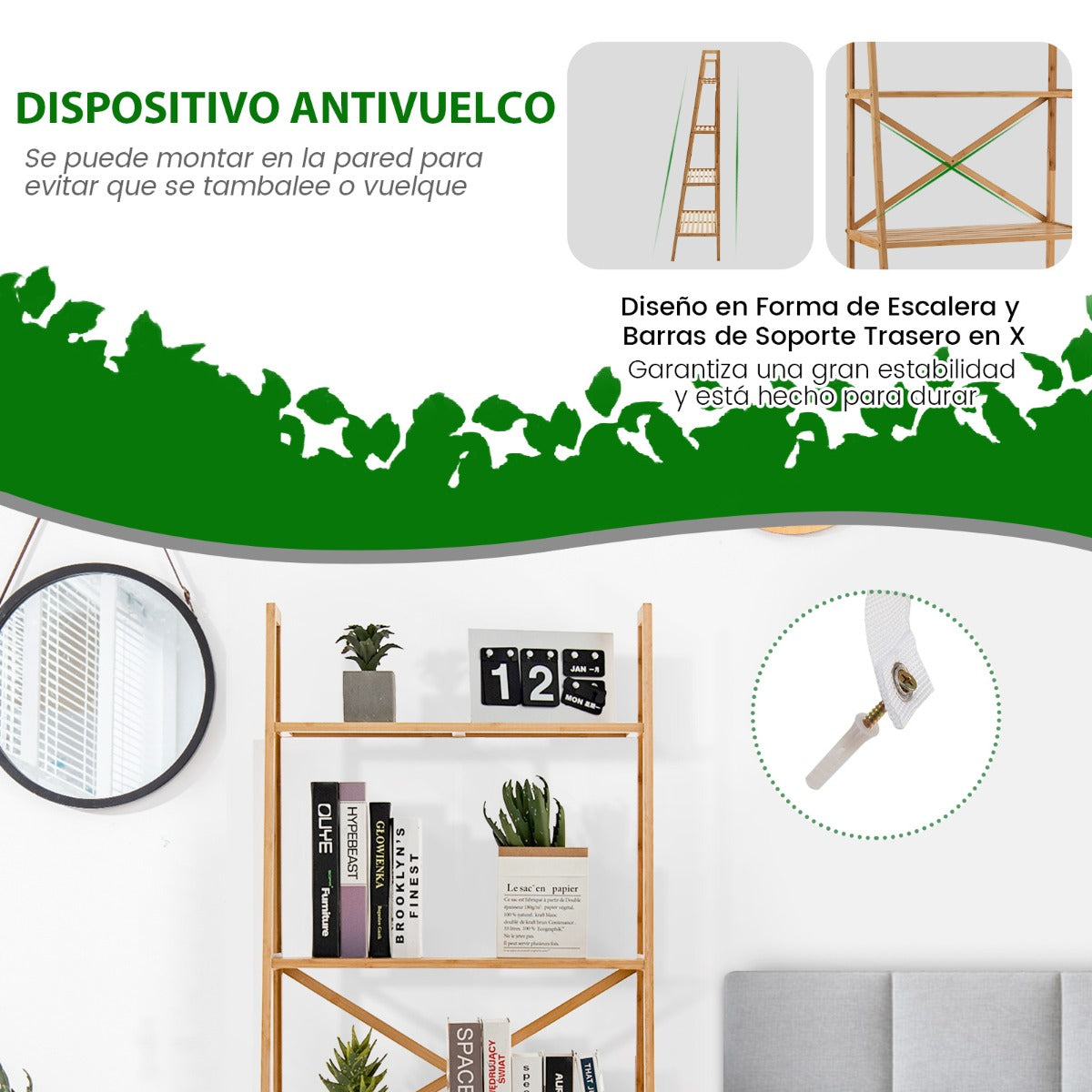 Estantería de Bambú de Escalera de 4 Niveles Soporte para Plantas Antivuelco para Sala de Estar y Oficina 60 x 35,5 x 148 cm Natural