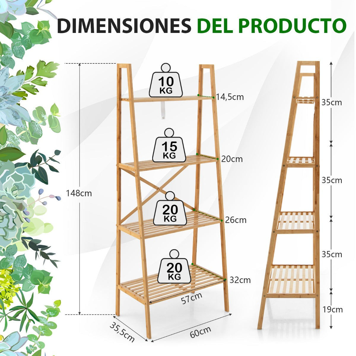 Estantería de Bambú de Escalera de 4 Niveles Soporte para Plantas Antivuelco para Sala de Estar y Oficina 60 x 35,5 x 148 cm Natural