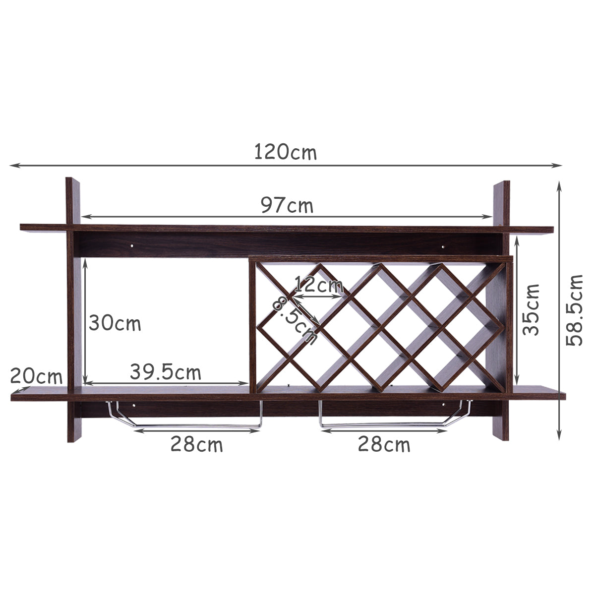 Estantería de Botellas de Vino de 2 Niveles de Madera Montado en Pared para Cocina Bodega Bar para 10 Botellas 120 x 58,5 x 20 cm Negro