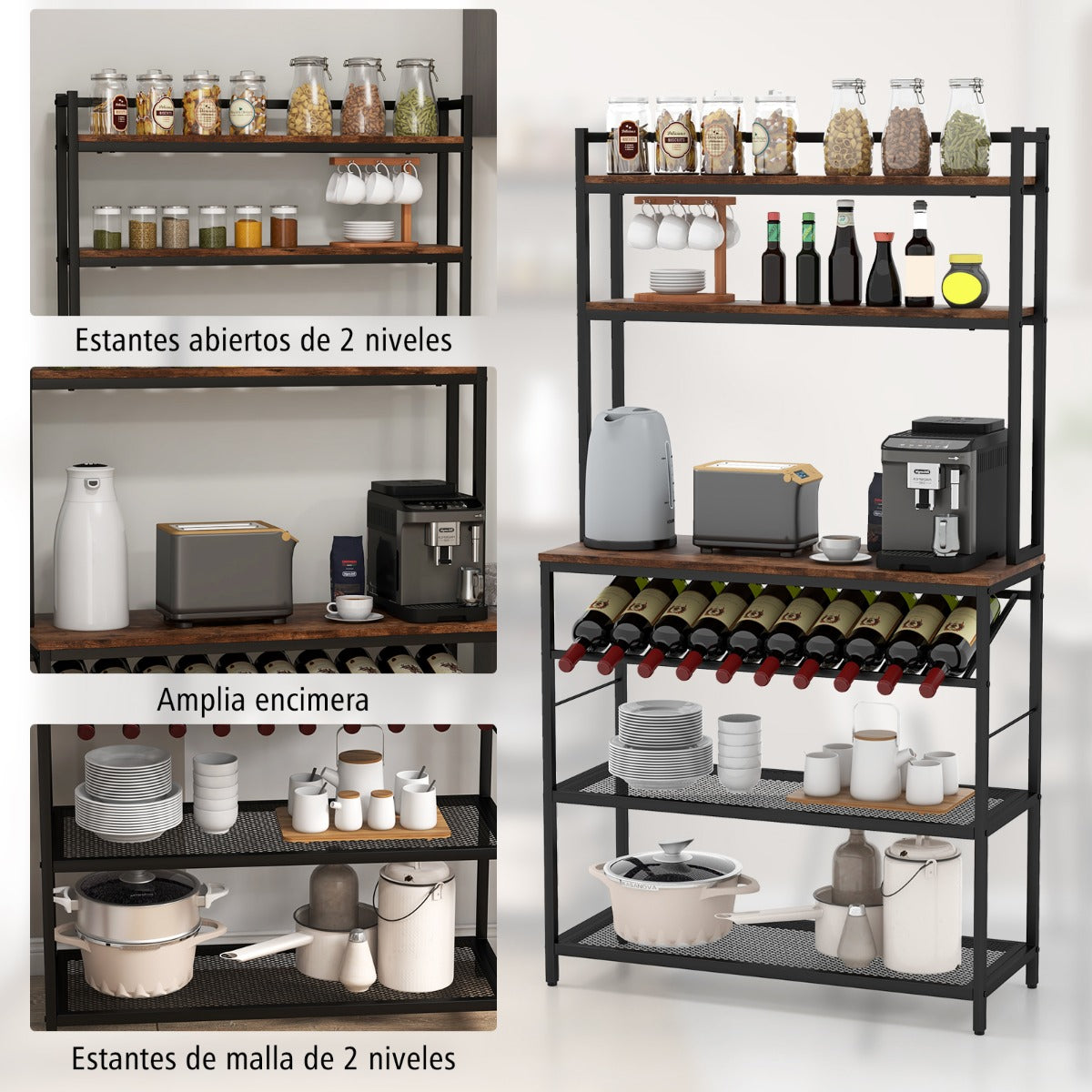 Estantería de Cocina con 6 Niveles 6 Estantes 6 Ganchos Soporte Inclinado para Botellas y 2 Estantes de Malla 90 x 35 x 165 cm Marrón
