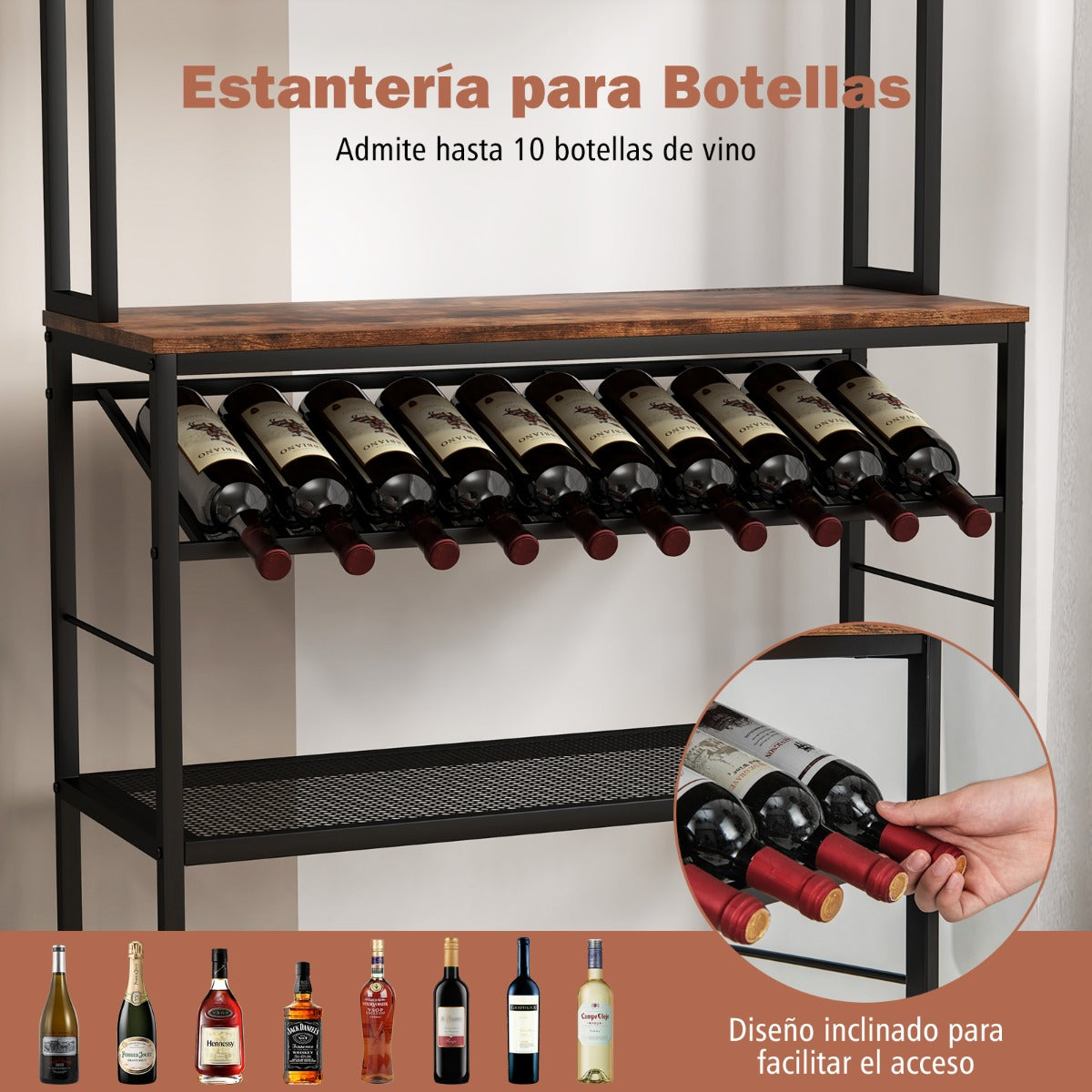 Estantería de Cocina con 6 Niveles 6 Estantes 6 Ganchos Soporte Inclinado para Botellas y 2 Estantes de Malla 90 x 35 x 165 cm Marrón