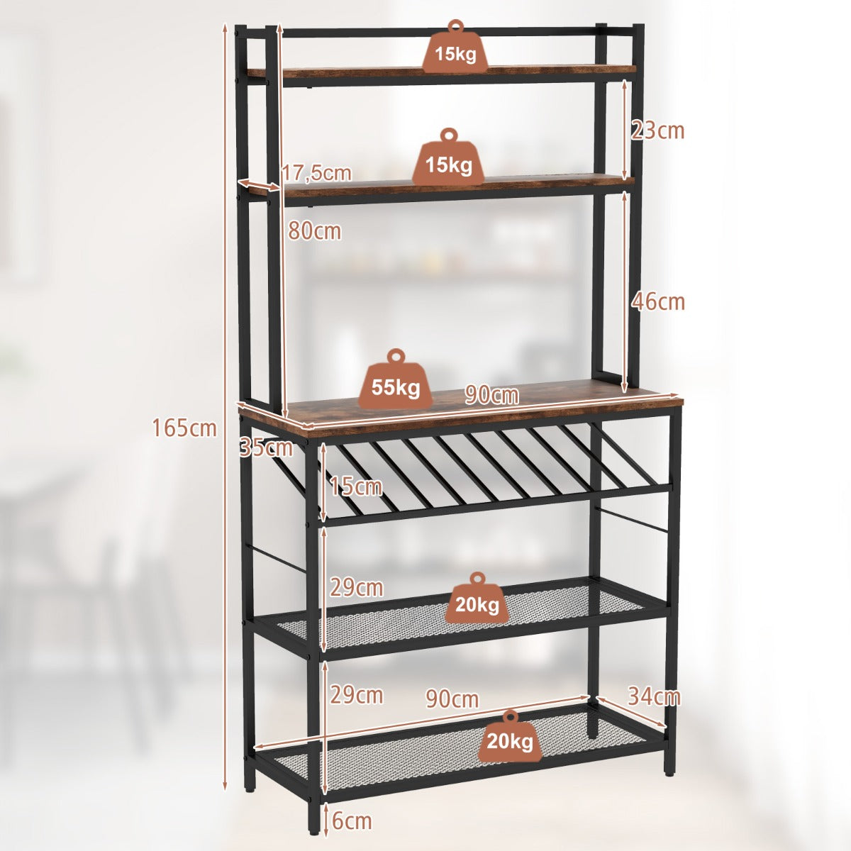 Estantería de Cocina con 6 Niveles 6 Estantes 6 Ganchos Soporte Inclinado para Botellas y 2 Estantes de Malla 90 x 35 x 165 cm Marrón
