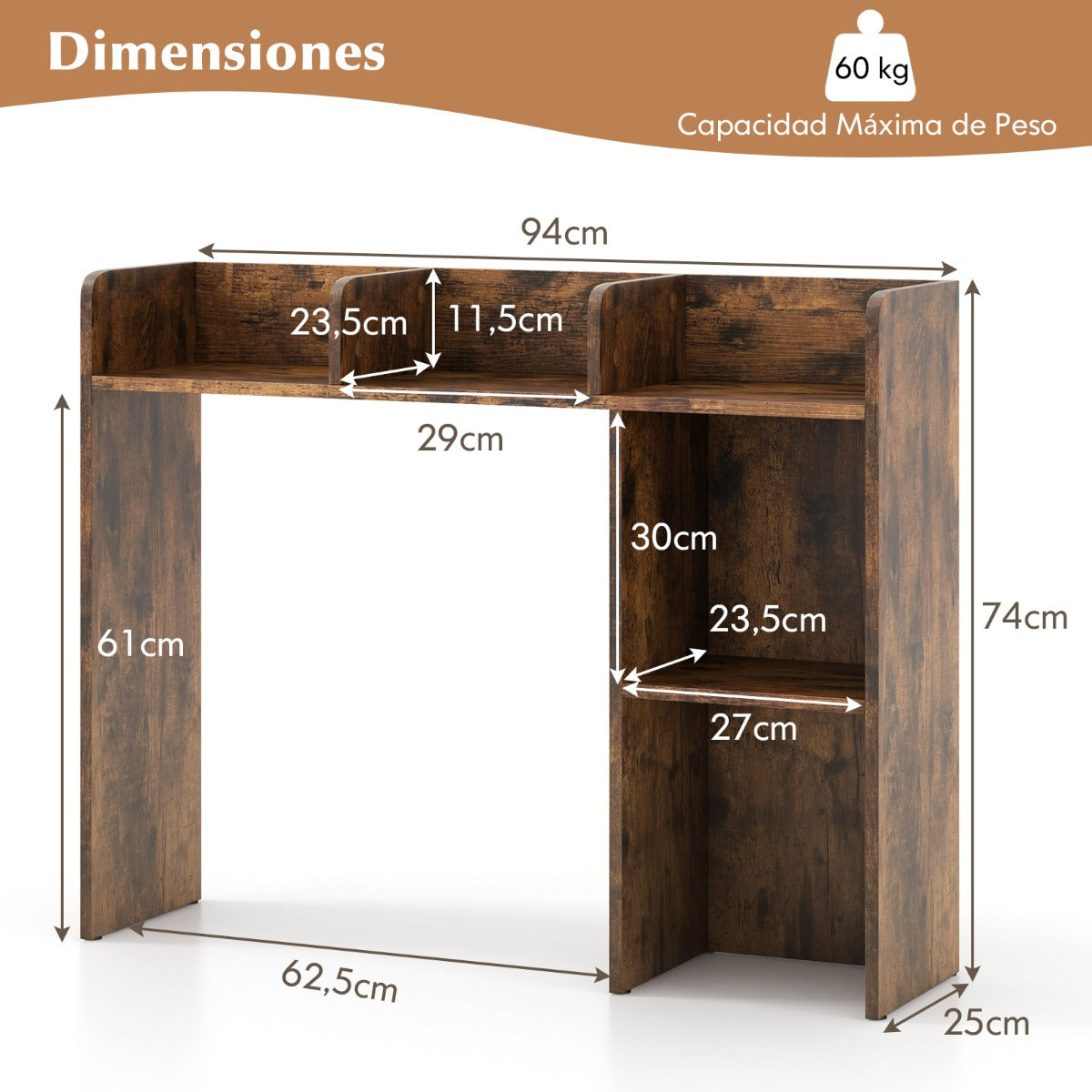 Estantería de Escritorio de Madera para Encimera con 4 Estantes y Compartimento Abierto Organizador de Escritorio 94 x 25 x 74 cm Café