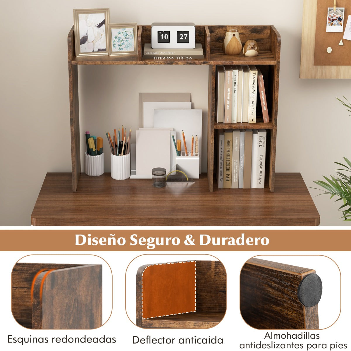 Estantería de Escritorio de Madera para Encimera con 4 Estantes y Compartimento Abierto Organizador de Escritorio 94 x 25 x 74 cm Café
