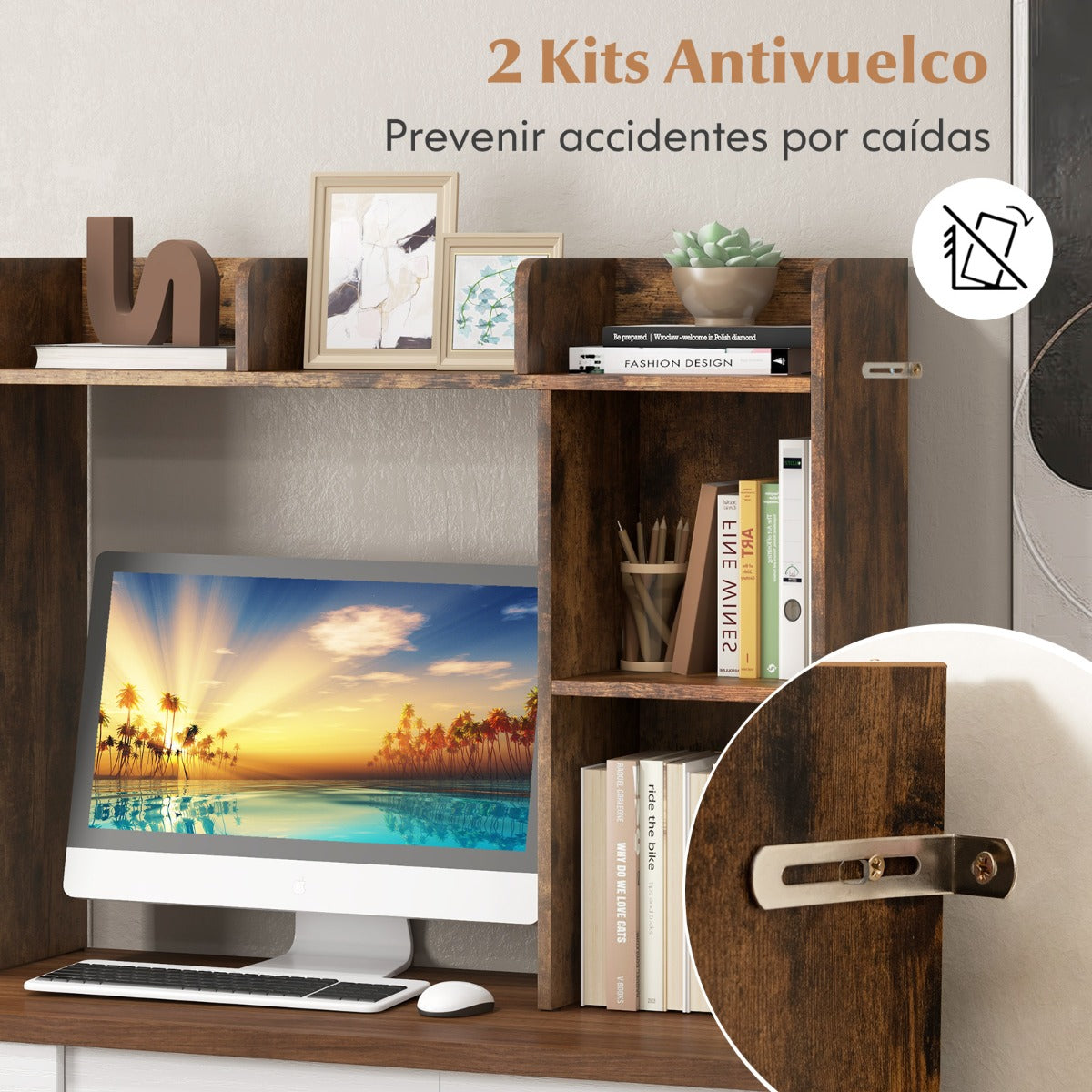 Estantería de Escritorio de Madera para Encimera con 4 Estantes y Compartimento Abierto Organizador de Escritorio 94 x 25 x 74 cm Café