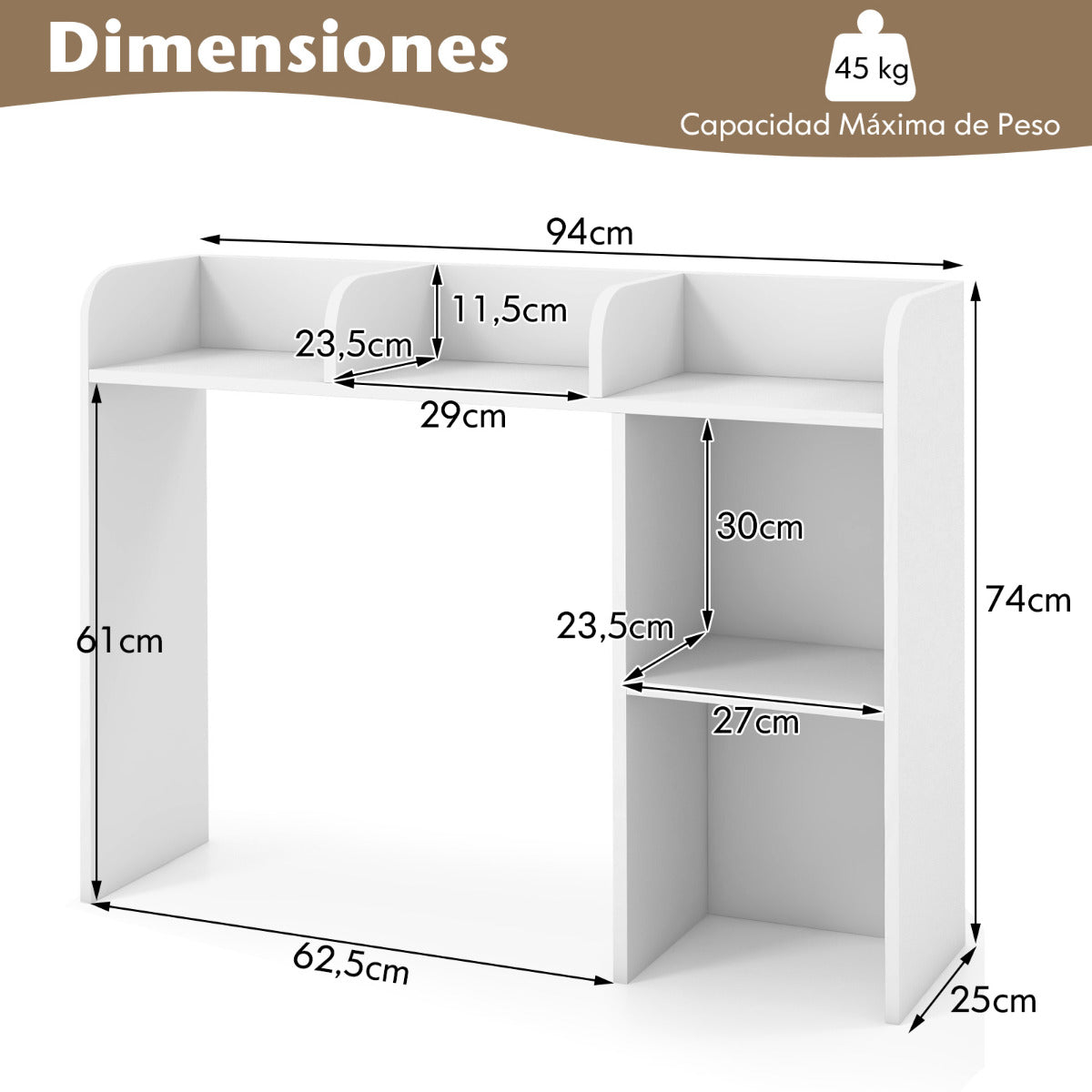 Estantería de Escritorio de Madera para Encimera con 4 Estantes y Compartimento Abierto Organizador de Escritorio 94 x 25 x 74 cm Blanco