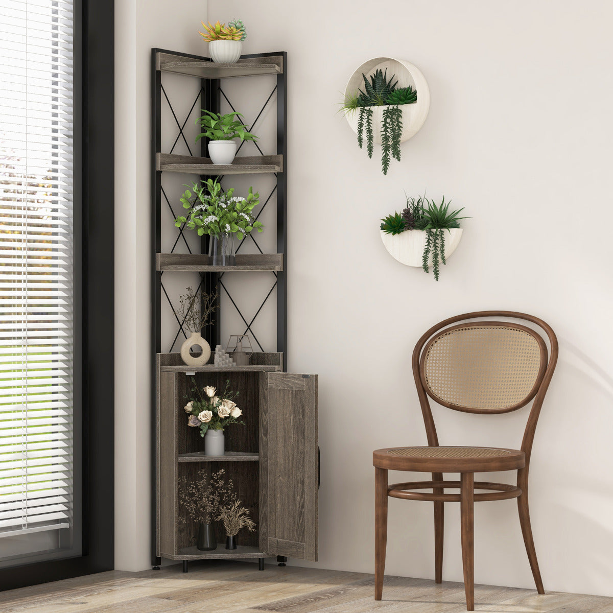 Estantería de Esquina 6 Niveles Librería Industrial Armario con Puerta Estantes Abiertos Marco Metal para Salón 48 x 32 x 180 cm Gris