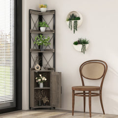 Estantería de Esquina 6 Niveles Librería Industrial Armario con Puerta Estantes Abiertos Marco Metal para Salón 48 x 32 x 180 cm Gris