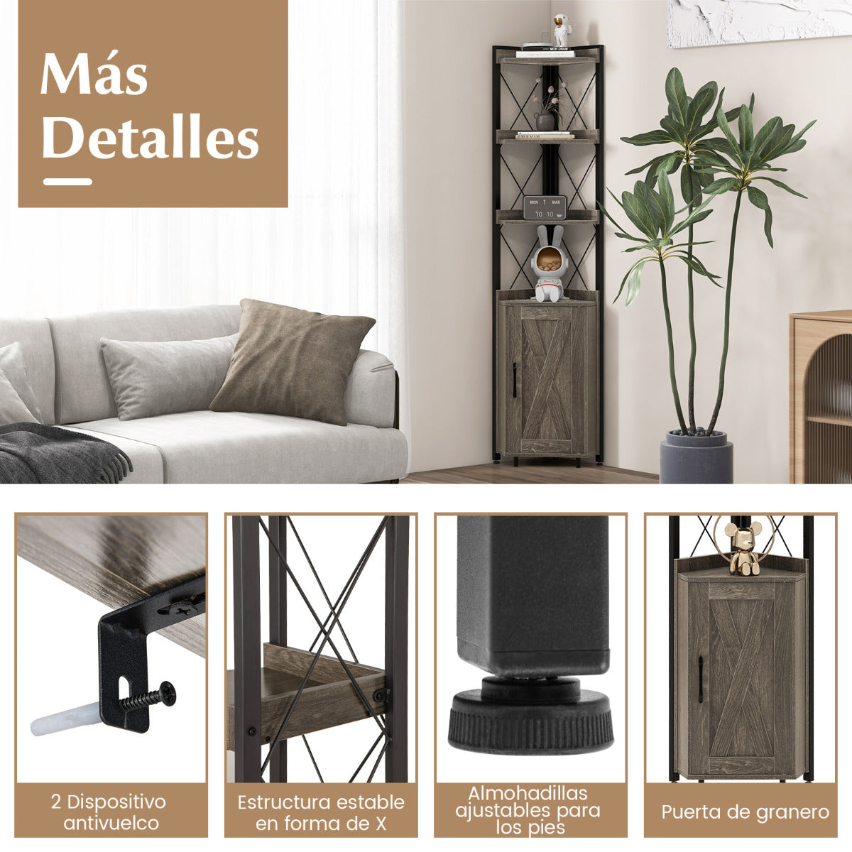Estantería de Esquina 6 Niveles Librería Industrial Armario con Puerta Estantes Abiertos Marco Metal para Salón 48 x 32 x 180 cm Gris