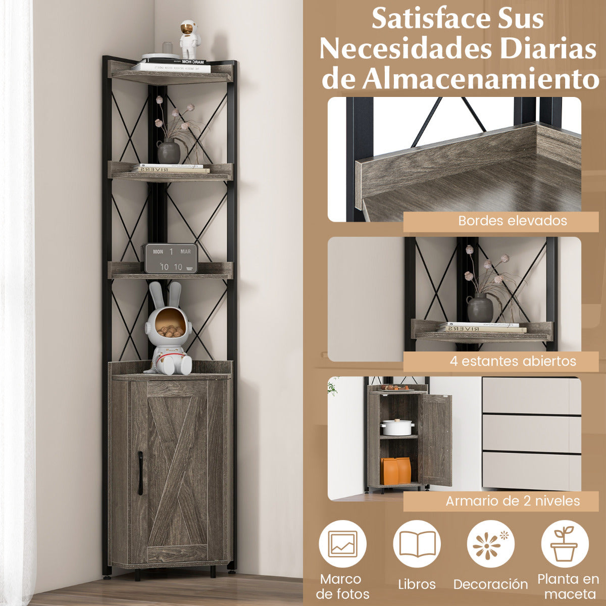 Estantería de Esquina 6 Niveles Librería Industrial Armario con Puerta Estantes Abiertos Marco Metal para Salón 48 x 32 x 180 cm Gris