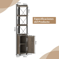 Estantería de Esquina 6 Niveles Librería Industrial Armario con Puerta Estantes Abiertos Marco Metal para Salón 48 x 32 x 180 cm Gris
