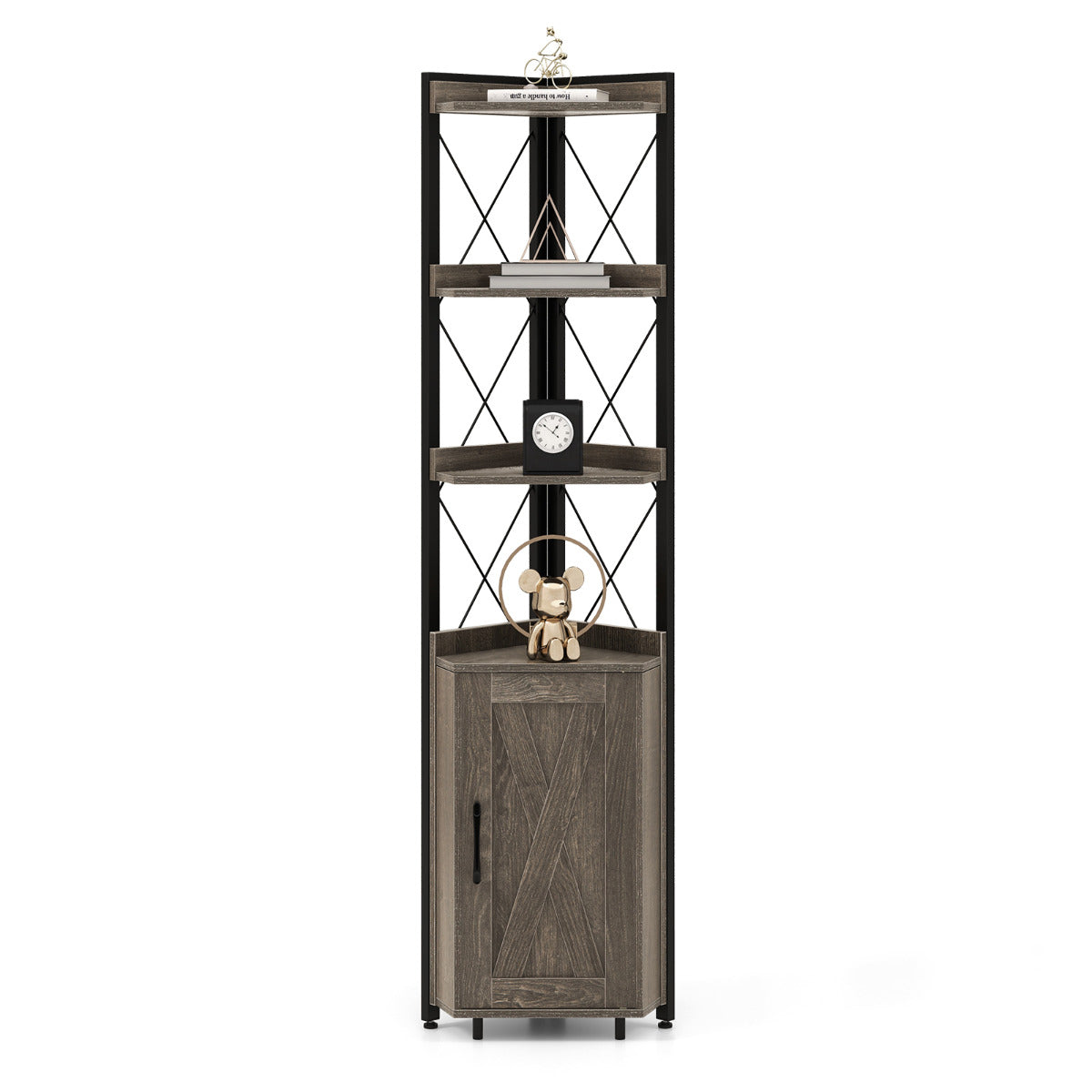 Estantería de Esquina 6 Niveles Librería Industrial Armario con Puerta Estantes Abiertos Marco Metal para Salón 48 x 32 x 180 cm Gris