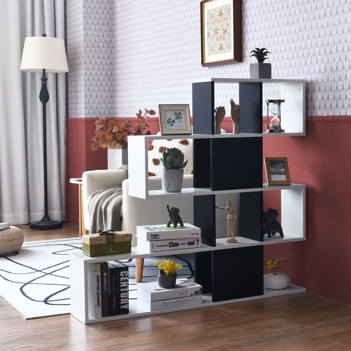 Estantería de Esquina de 5 Niveles Librería Moderna de Estilo Escalera 120 x 19,5 x 109 cm Blanco y Negro