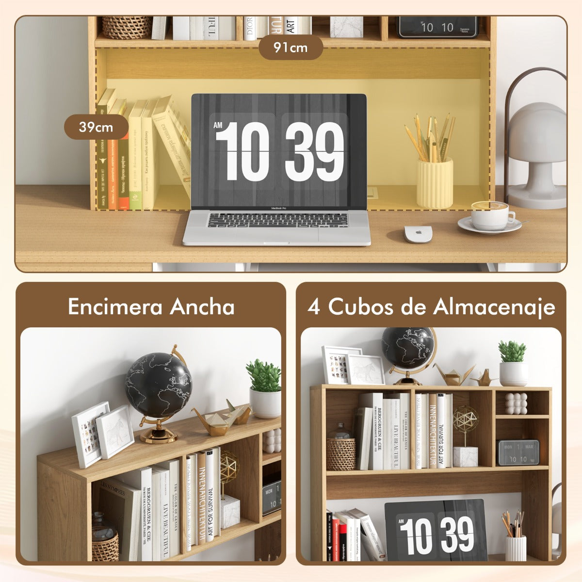 Estantería de Sobremesa para Ordenador Estante de Almacenamiento de Encimera con 4 Cubos y Compartimento Abierto para Escritorio Natural
