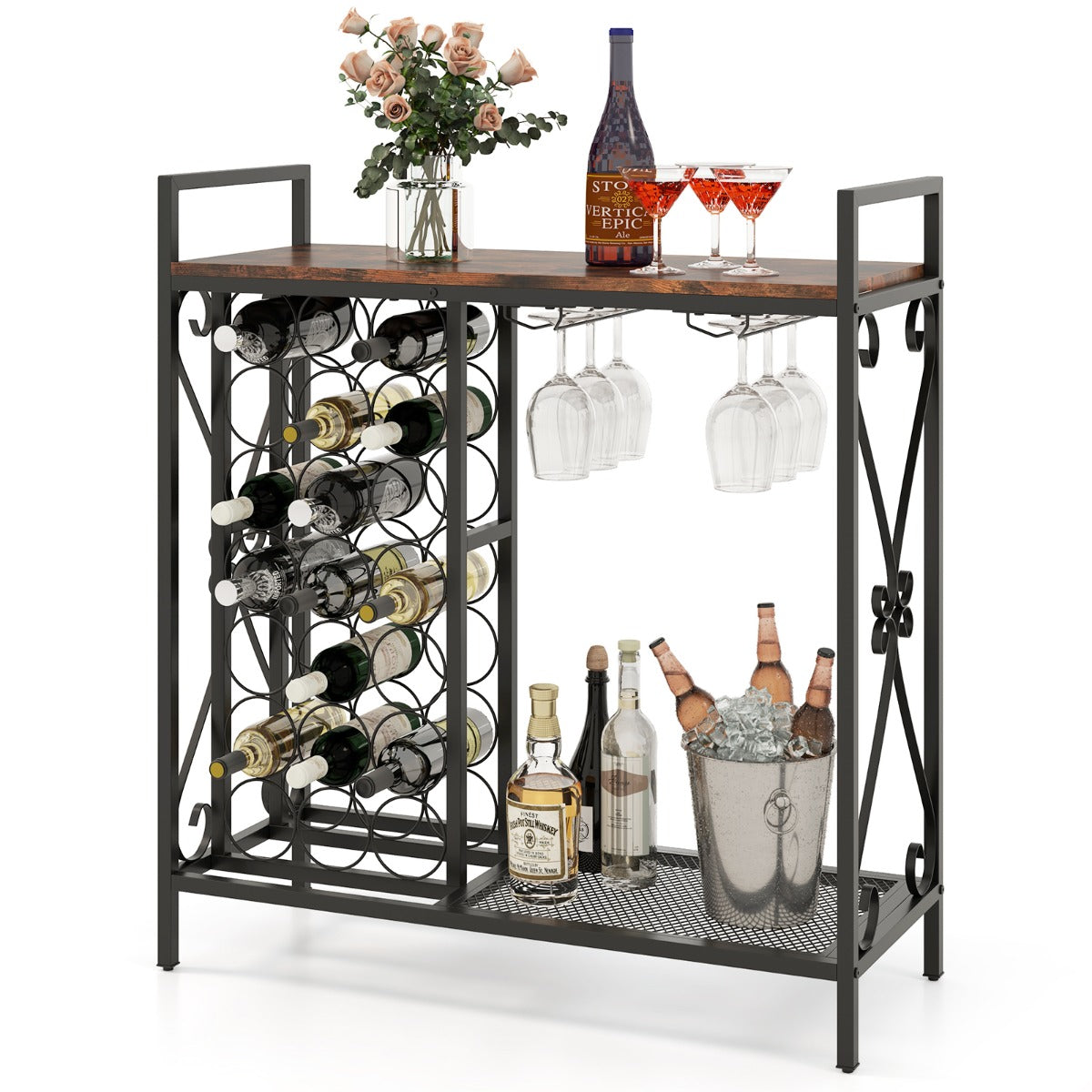 Estantería de Vino 21 Botellas Independiente con Soporte para Copas y Encimera de Madera 93 x 38 x 102 cm-Marrón