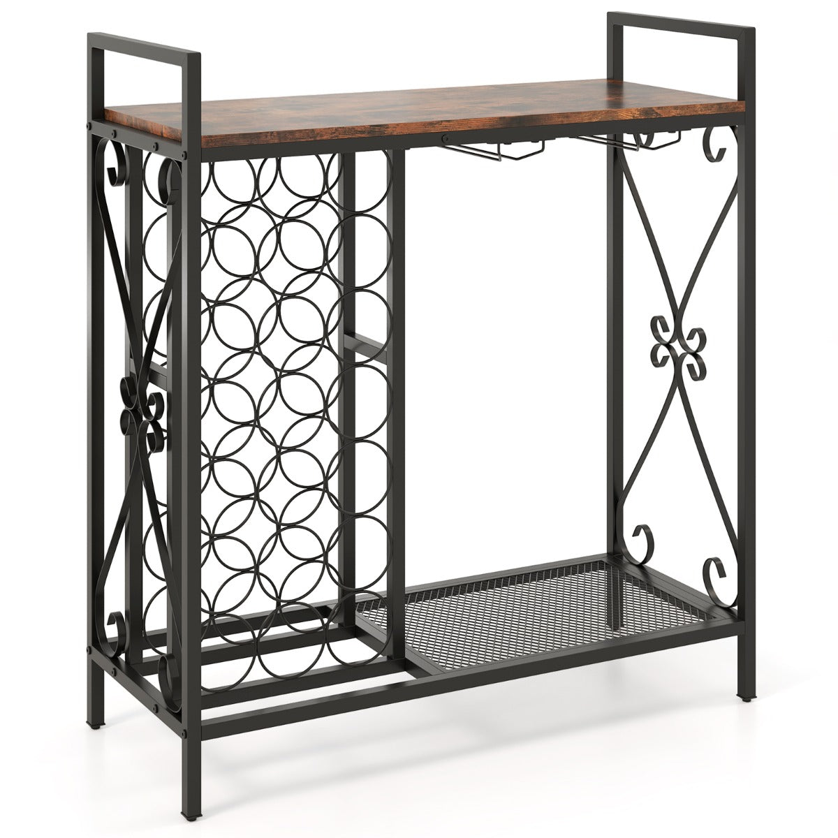Estantería de Vino 21 Botellas Independiente con Soporte para Copas y Encimera de Madera 93 x 38 x 102 cm-Marrón
