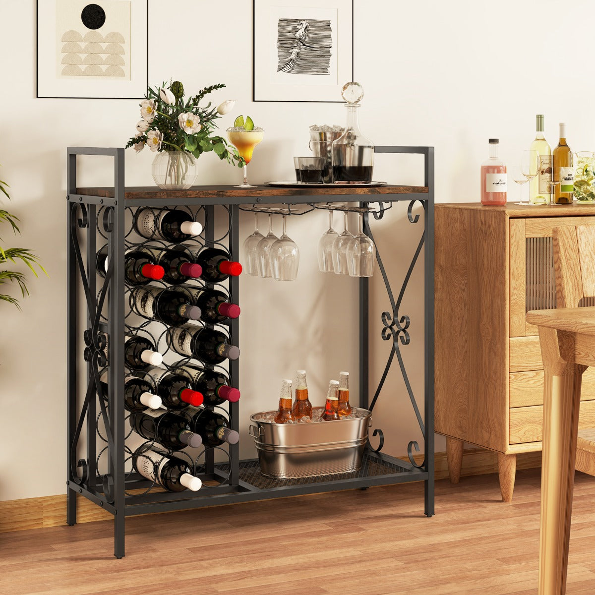 Estantería de Vino 21 Botellas Independiente con Soporte para Copas y Encimera de Madera 93 x 38 x 102 cm-Marrón