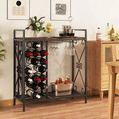 Estantería de Vino 21 Botellas Independiente con Soporte para Copas y Encimera de Madera 93 x 38 x 102 cm-Marrón