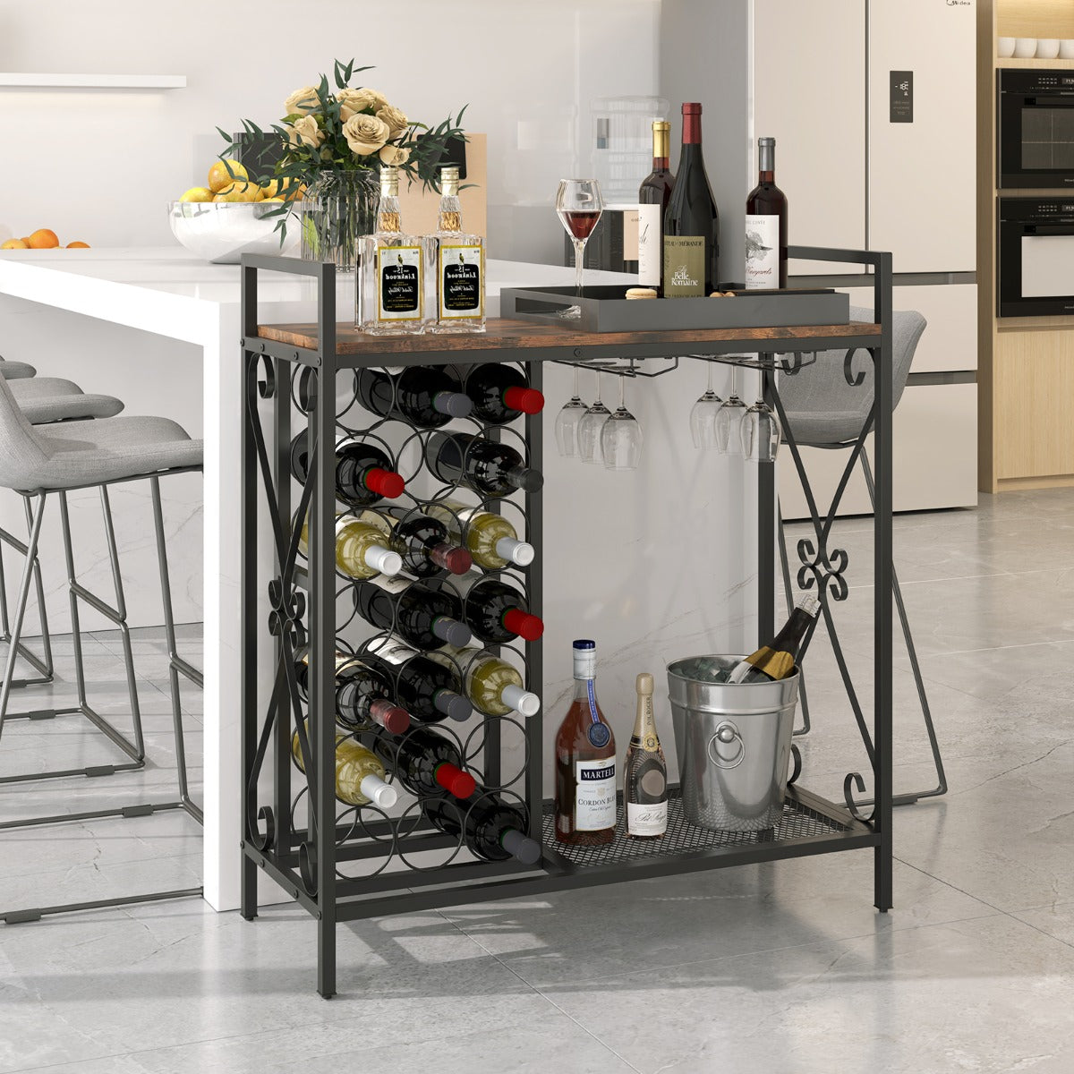 Estantería de Vino 21 Botellas Independiente con Soporte para Copas y Encimera de Madera 93 x 38 x 102 cm-Marrón