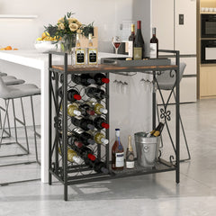 Estantería de Vino 21 Botellas Independiente con Soporte para Copas y Encimera de Madera 93 x 38 x 102 cm-Marrón