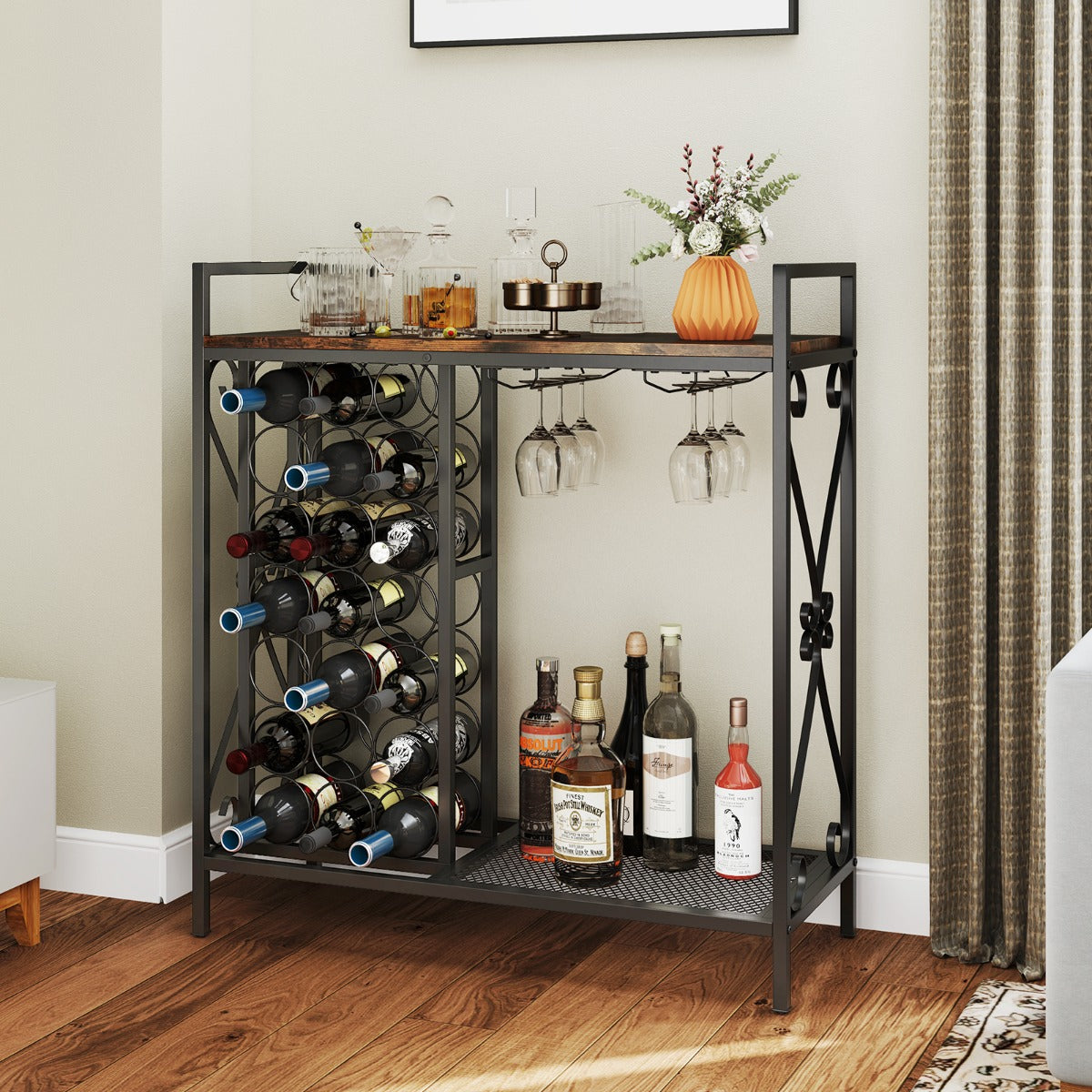 Estantería de Vino 21 Botellas Independiente con Soporte para Copas y Encimera de Madera 93 x 38 x 102 cm-Marrón