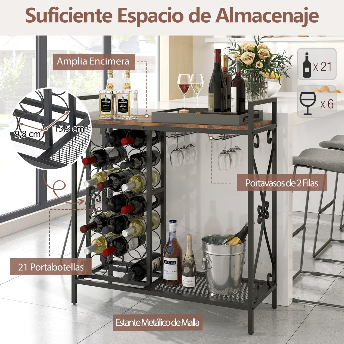 Estantería de Vino 21 Botellas Independiente con Soporte para Copas y Encimera de Madera 93 x 38 x 102 cm-Marrón