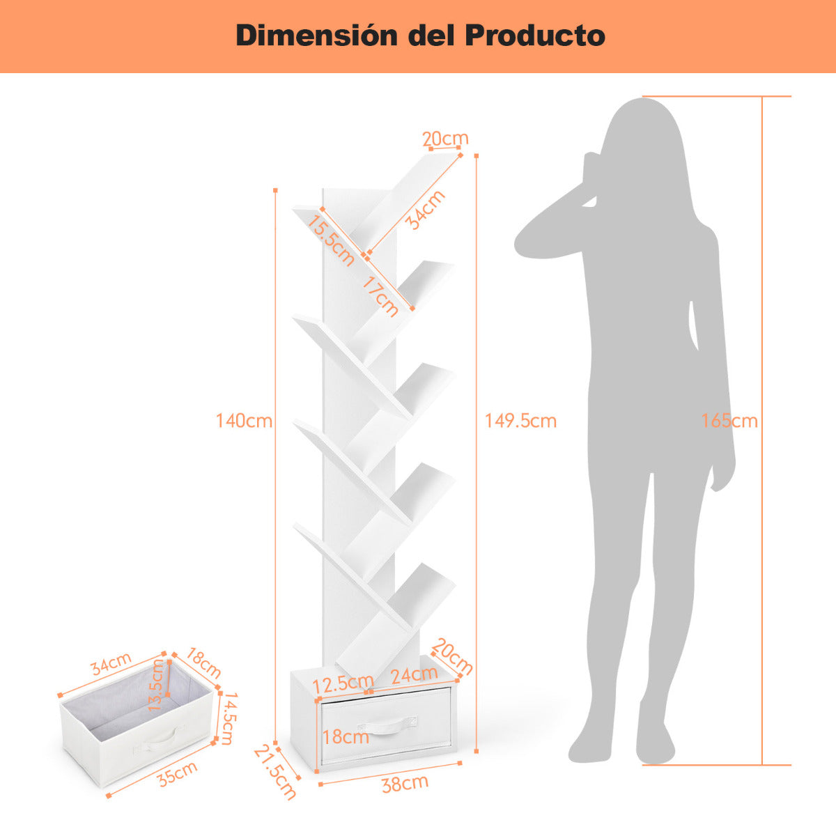 Estantería en Forma de Árbol de 10 Estantes con Cajón Estante de Suelo para Cds Libros Estante de Exhibición 38 x 21,5 x 149,5 cm Blanco