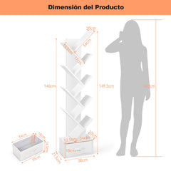 Estantería en Forma de Árbol de 10 Estantes con Cajón Estante de Suelo para Cds Libros Estante de Exhibición 38 x 21,5 x 149,5 cm Blanco