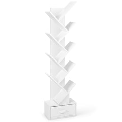 Estantería en Forma de Árbol de 10 Estantes con Cajón Estante de Suelo para Cds Libros Estante de Exhibición 38 x 21,5 x 149,5 cm Blanco