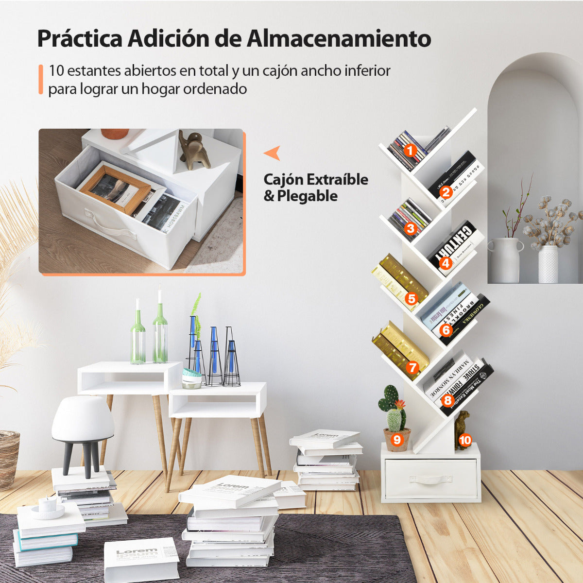 Estantería en Forma de Árbol de 10 Estantes con Cajón Estante de Suelo para Cds Libros Estante de Exhibición 38 x 21,5 x 149,5 cm Blanco