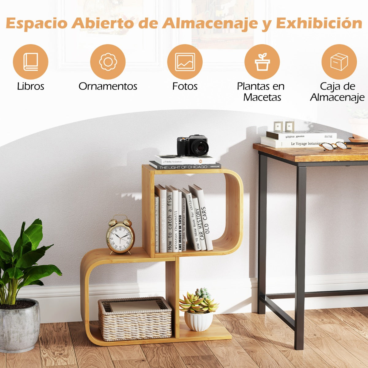 Estantería en Forma de S de 2 Niveles de Bambú con 2 Cubos Abiertos Estante Geométrico para Esquina para Estudio Oficina en Casa Natural