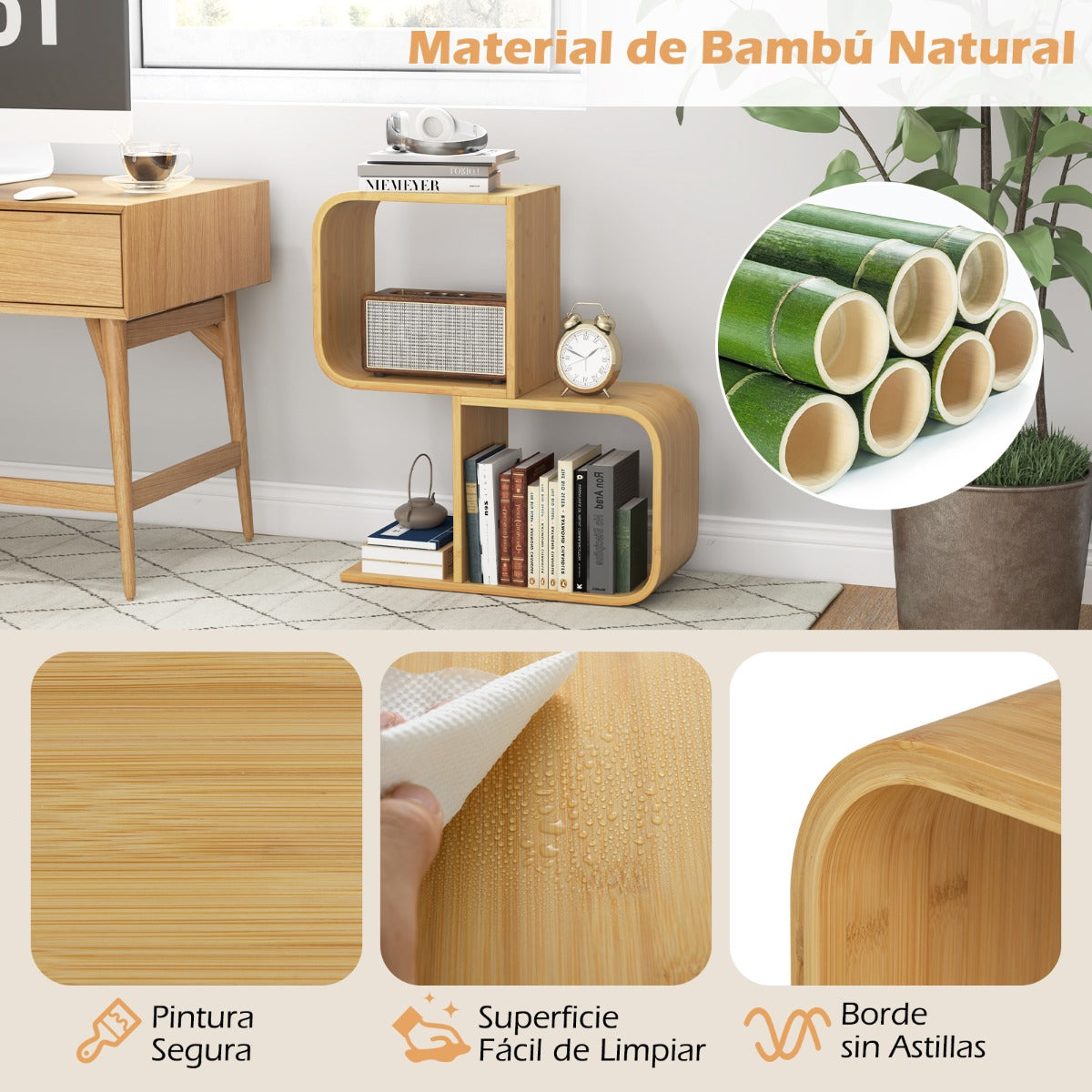 Estantería en Forma de S de 2 Niveles de Bambú con 2 Cubos Abiertos Estante Geométrico para Esquina para Estudio Oficina en Casa Natural