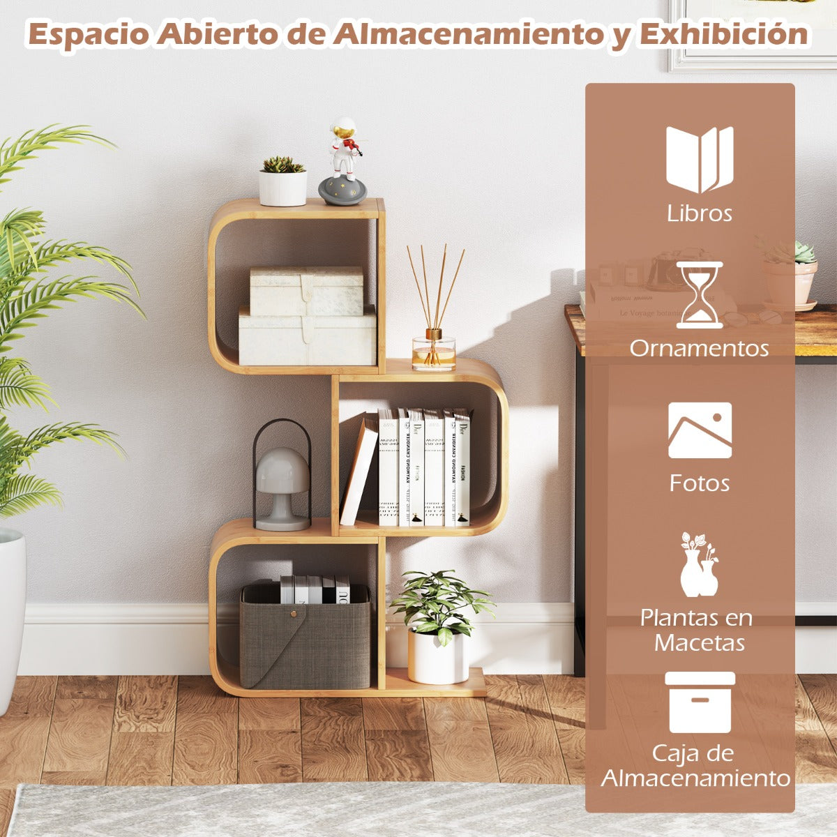 Estantería en Forma de S de 3 Niveles de Bambú con 3 Cubos Abiertos Estante Geométrico para Esquina para Estudio Oficina en Casa Natural