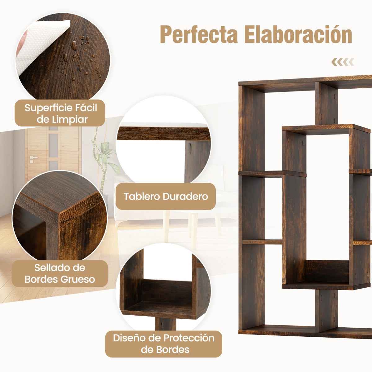 Estantería Geométrica de 7 Cubos Estante Decorativo de Esquina Librería de Pie con Dispositivo Antivuelco 60 x 20 x 90 cm Marrón