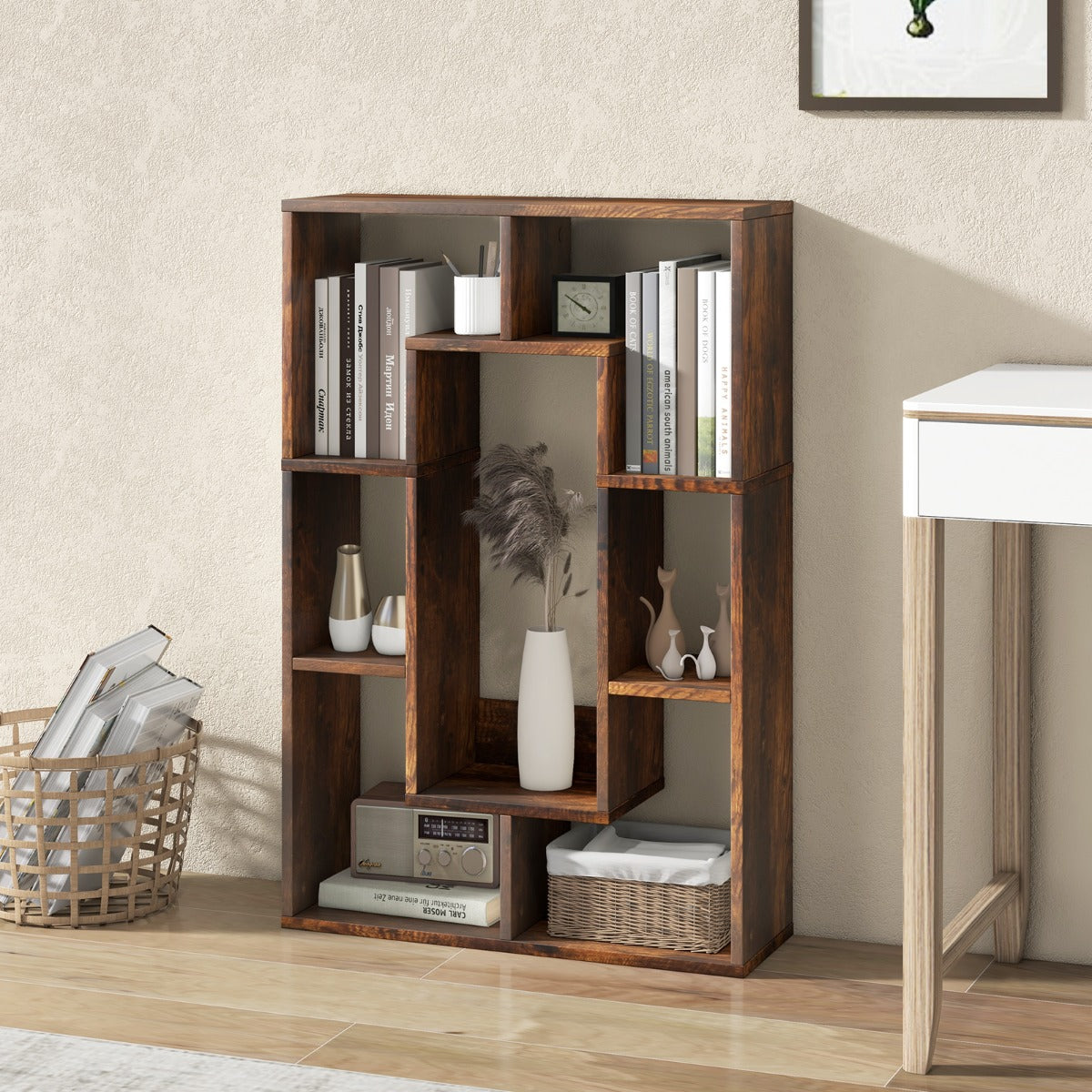Estantería Geométrica de 7 Cubos Estante Decorativo de Esquina Librería de Pie con Dispositivo Antivuelco 60 x 20 x 90 cm Marrón
