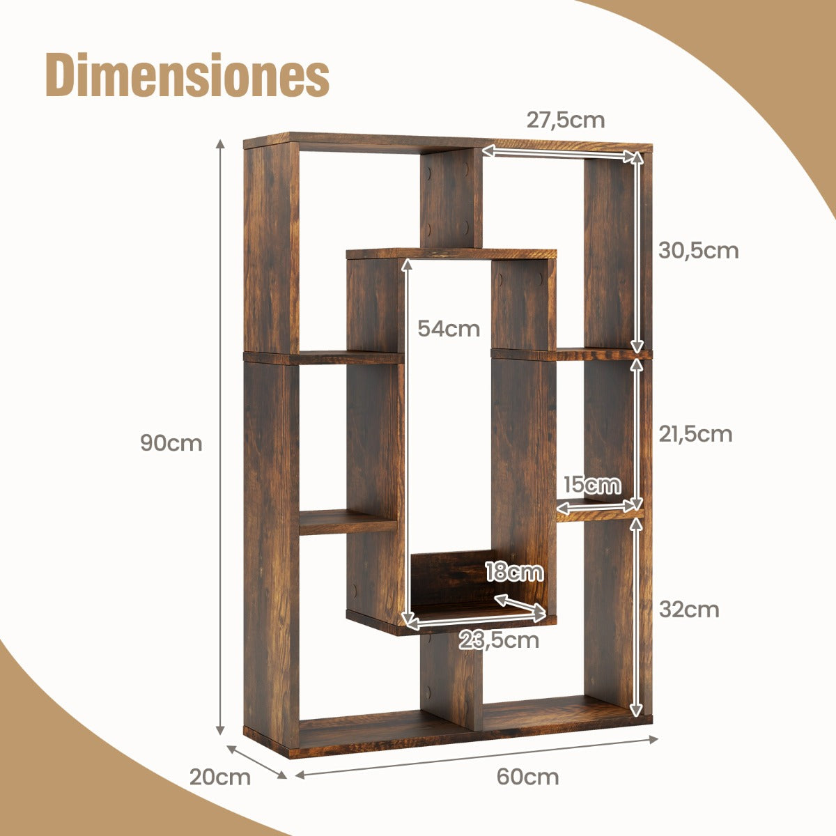 Estantería Geométrica de 7 Cubos Estante Decorativo de Esquina Librería de Pie con Dispositivo Antivuelco 60 x 20 x 90 cm Marrón
