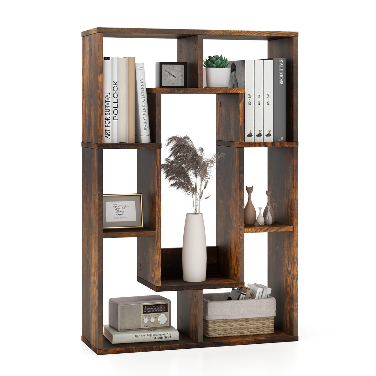 Estantería Geométrica de 7 Cubos Estante Decorativo de Esquina Librería de Pie con Dispositivo Antivuelco 60 x 20 x 90 cm Marrón