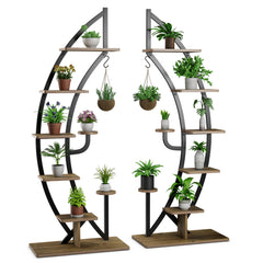 2 Estanterías Metálicas para Plantas 7 Niveles Soporte Curvado en Forma de Media Luna con Gancho para Flores Balcón 60 x 30 x 155 cm Natural