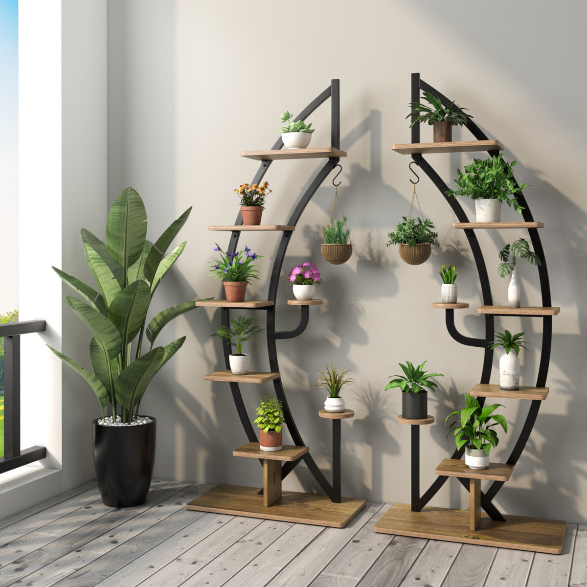 Estantería Metálica para Plantas 7 Niveles Soporte Curvado en Forma de Media Luna con Gancho para Flores Balcón 60 x 30 x 155 cm Natural