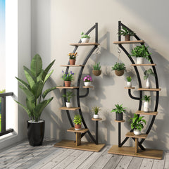 2 Estanterías Metálicas para Plantas 7 Niveles Soporte Curvado en Forma de Media Luna con Gancho para Flores Balcón 60 x 30 x 155 cm Natural