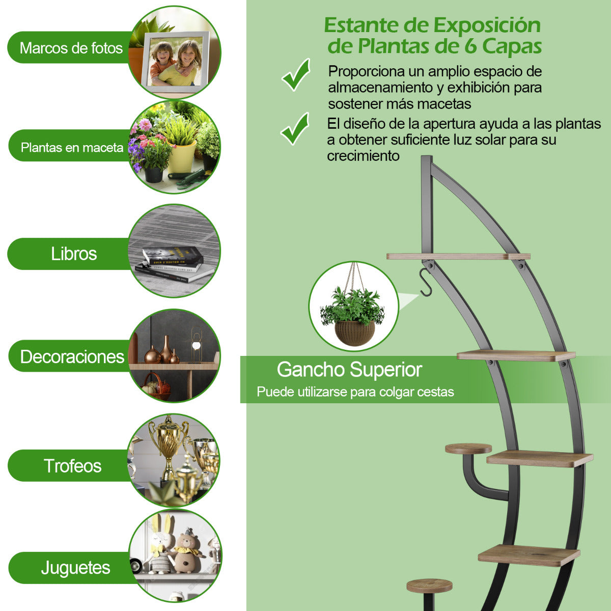 Estantería Metálica para Plantas 7 Niveles Soporte Curvado en Forma de Media Luna con Gancho para Flores Balcón 60 x 30 x 155 cm Natural