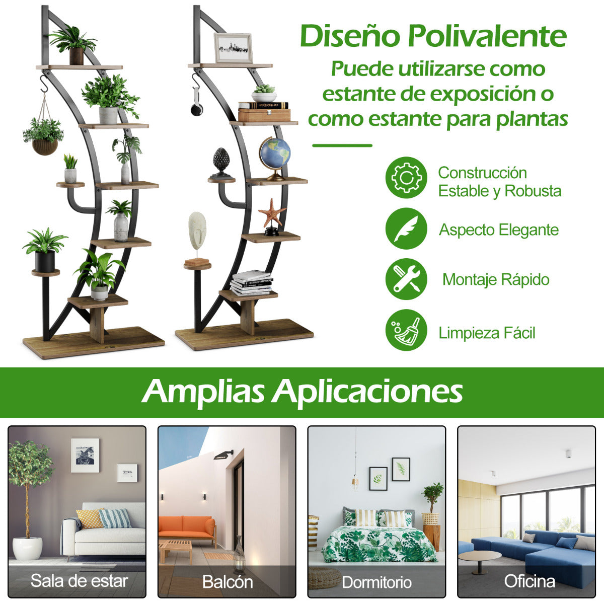 Estantería Metálica para Plantas 7 Niveles Soporte Curvado en Forma de Media Luna con Gancho para Flores Balcón 60 x 30 x 155 cm Natural
