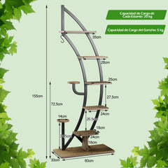 2 Estanterías Metálicas para Plantas 7 Niveles Soporte Curvado en Forma de Media Luna con Gancho para Flores Balcón 60 x 30 x 155 cm Natural