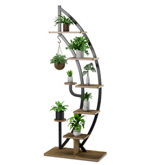 Estantería Metálica para Plantas 7 Niveles Soporte Curvado en Forma de Media Luna con Gancho para Flores Balcón 60 x 30 x 155 cm Natural