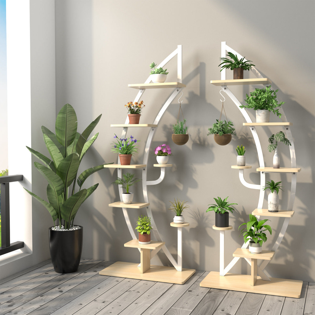 Estantería Metálica para Plantas 7 Niveles Soporte Curvado en Forma de Media Luna con Gancho para Flores Balcón 60 x 30 x 155 cm Blanco