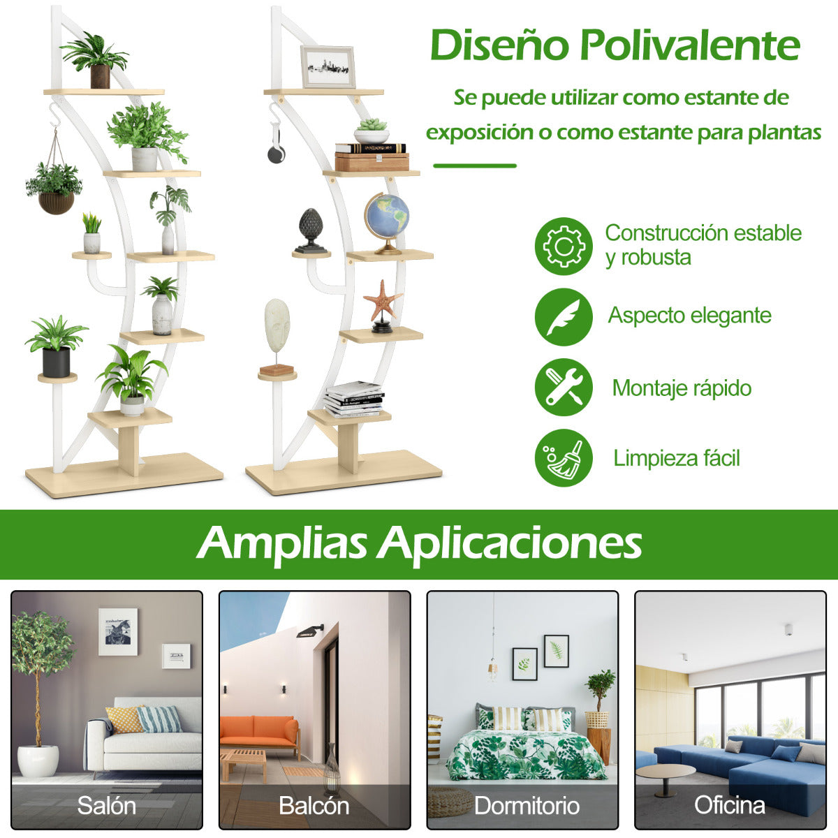 Estantería Metálica para Plantas 7 Niveles Soporte Curvado en Forma de Media Luna con Gancho para Flores Balcón 60 x 30 x 155 cm Blanco