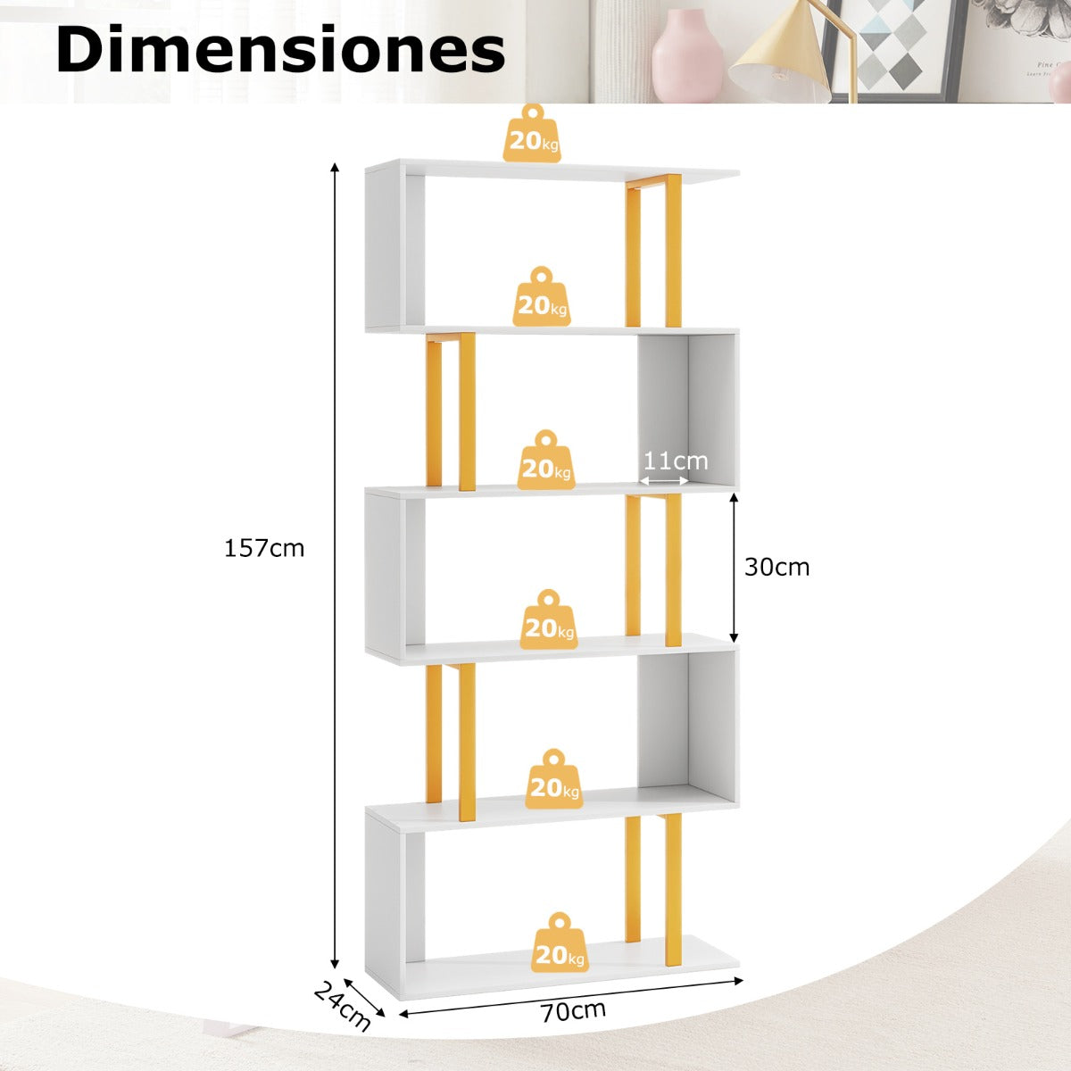 Estantería Geométrica de 5 Niveles en Forma de S con Marco de Metal Estante Independiente Moderno para Sala de Estar y Dormitorio Blanco
