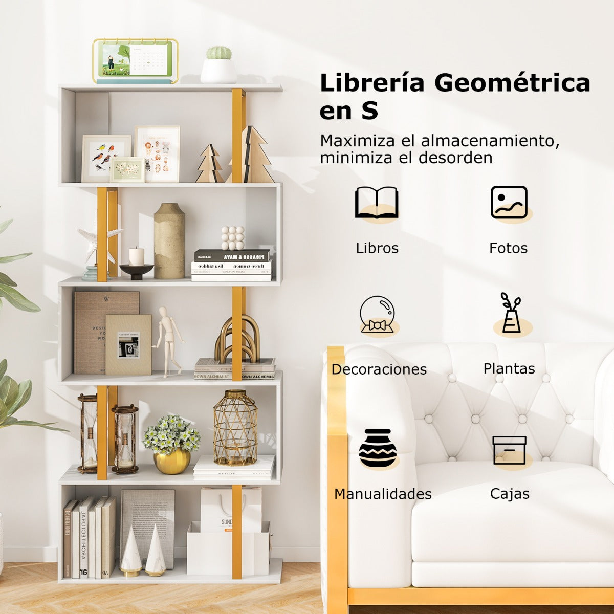 Estantería Geométrica de 5 Niveles en Forma de S con Marco de Metal Estante Independiente Moderno para Sala de Estar y Dormitorio Blanco