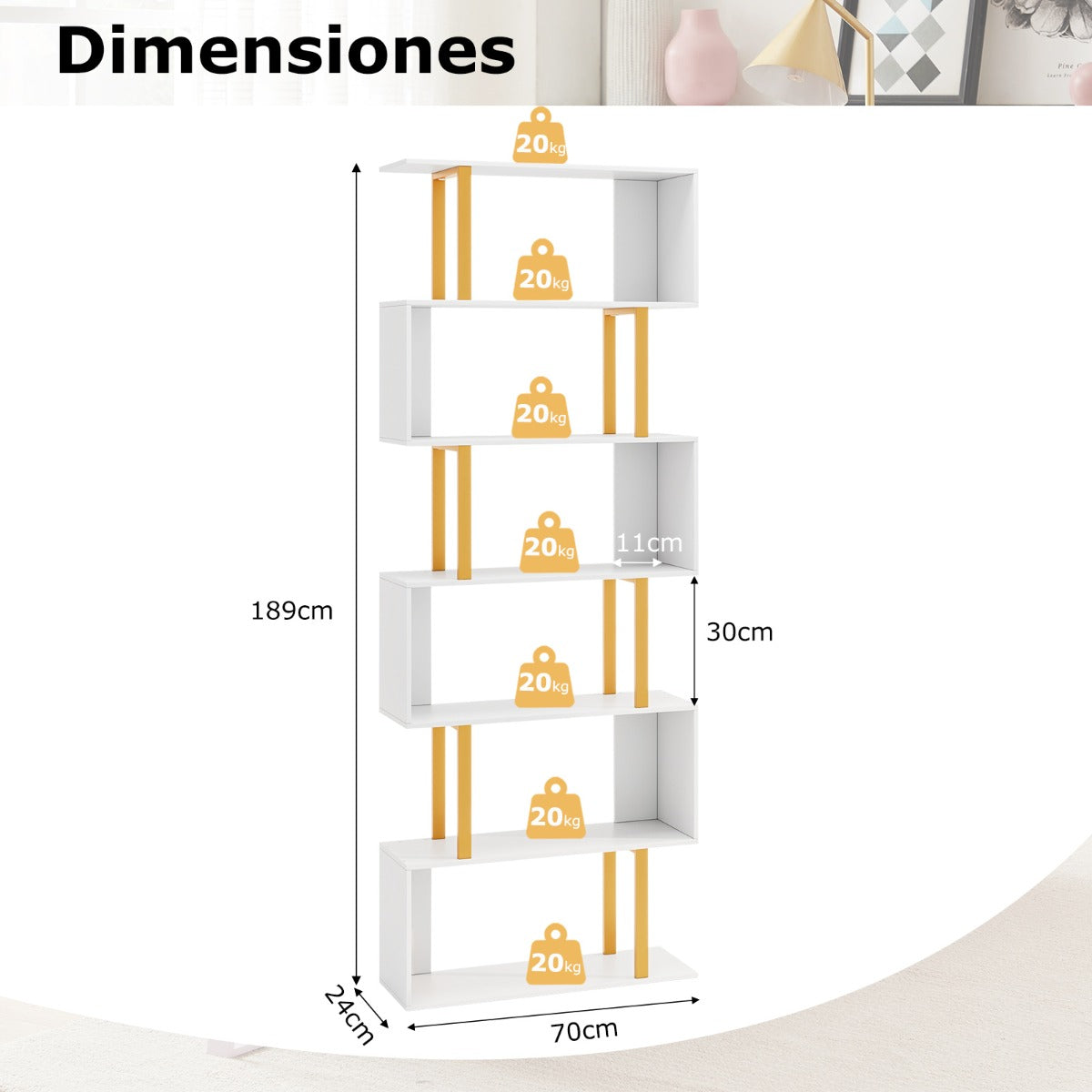 Estantería Geométrica de 6 Niveles en Forma de S con Marco de Metal Estante Independiente Moderno para Sala de Estar y Dormitorio Blanco