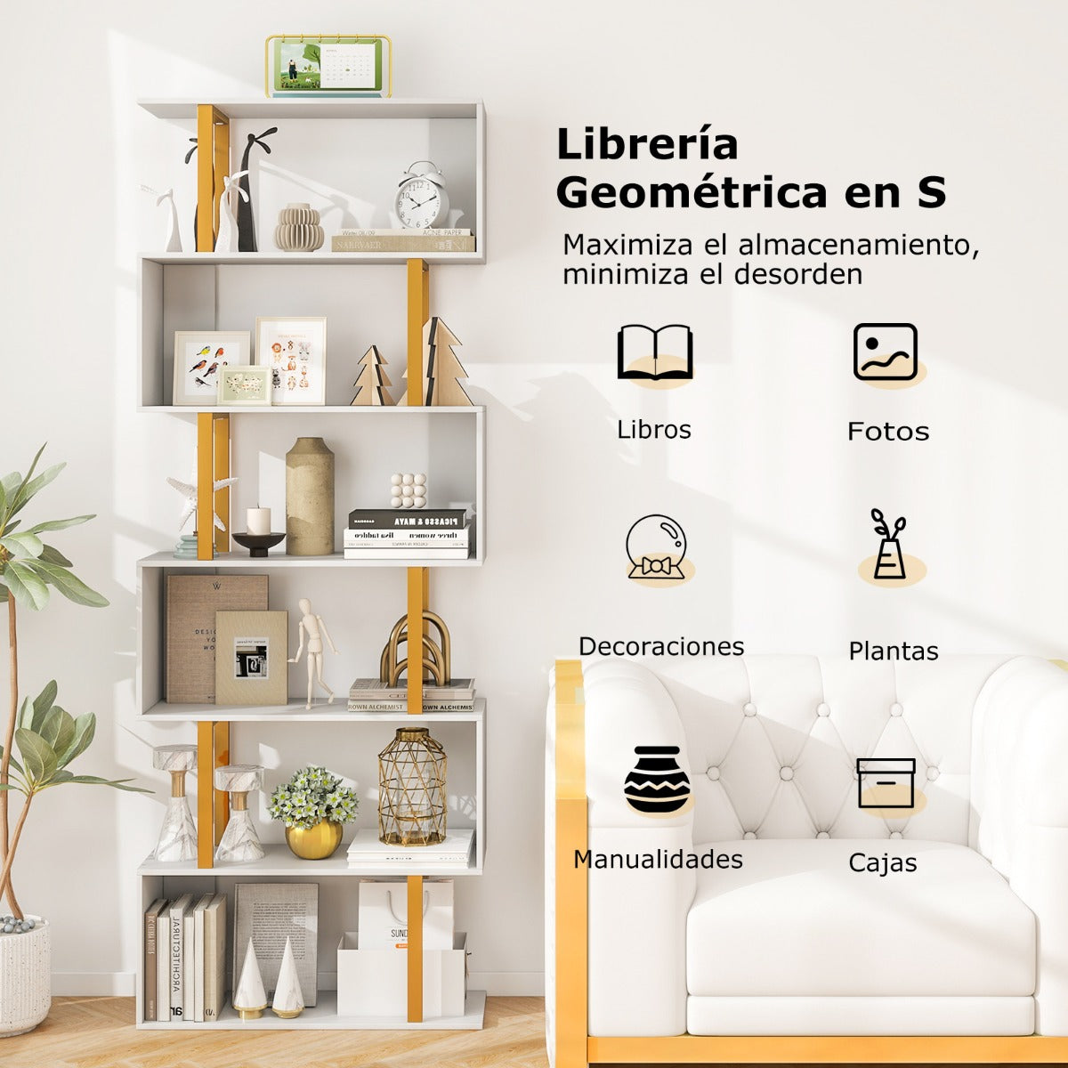 Estantería Geométrica de 6 Niveles en Forma de S con Marco de Metal Estante Independiente Moderno para Sala de Estar y Dormitorio Blanco